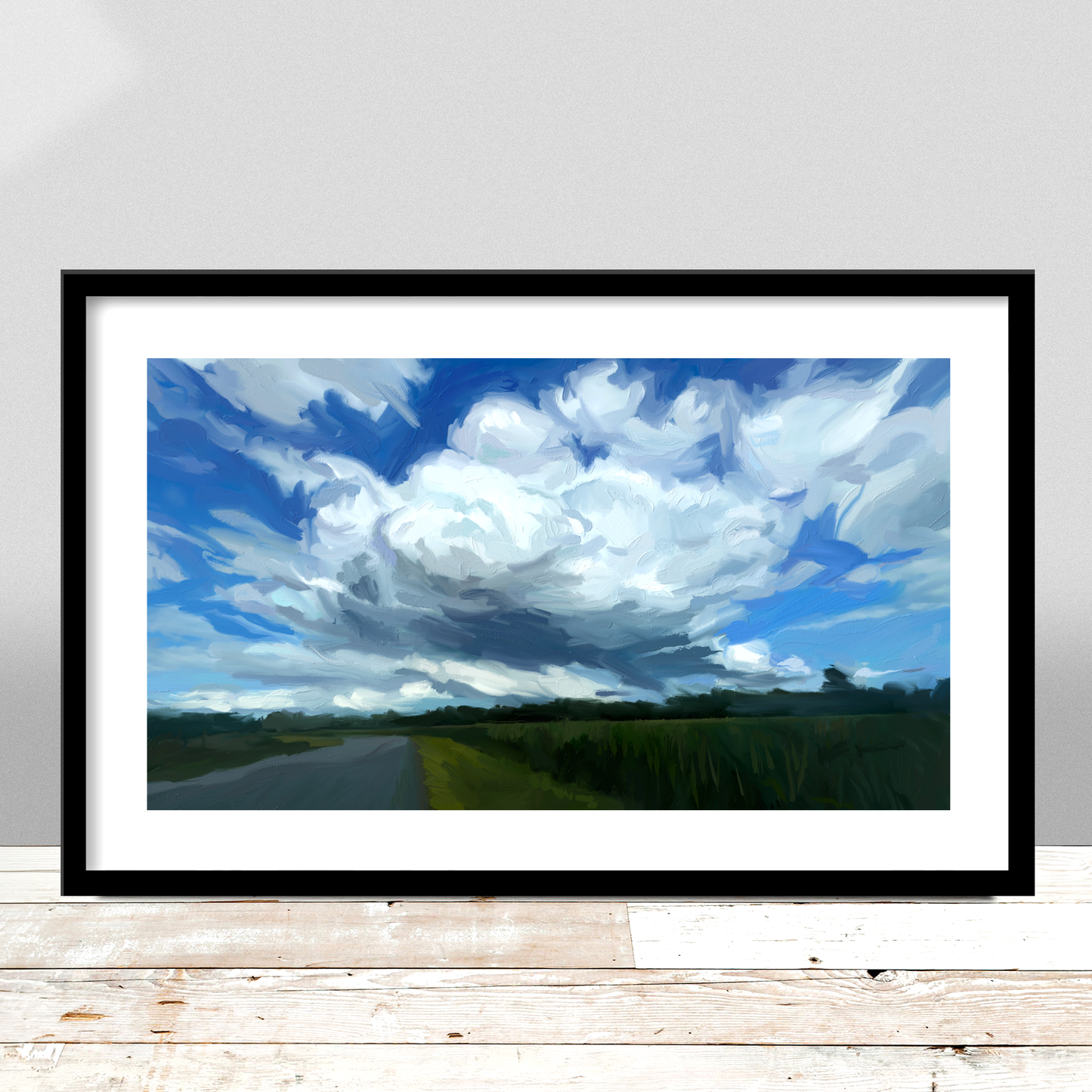 Big Cloud is a print of a painting by Russell Brandwein of a large billowing cloud over a field.