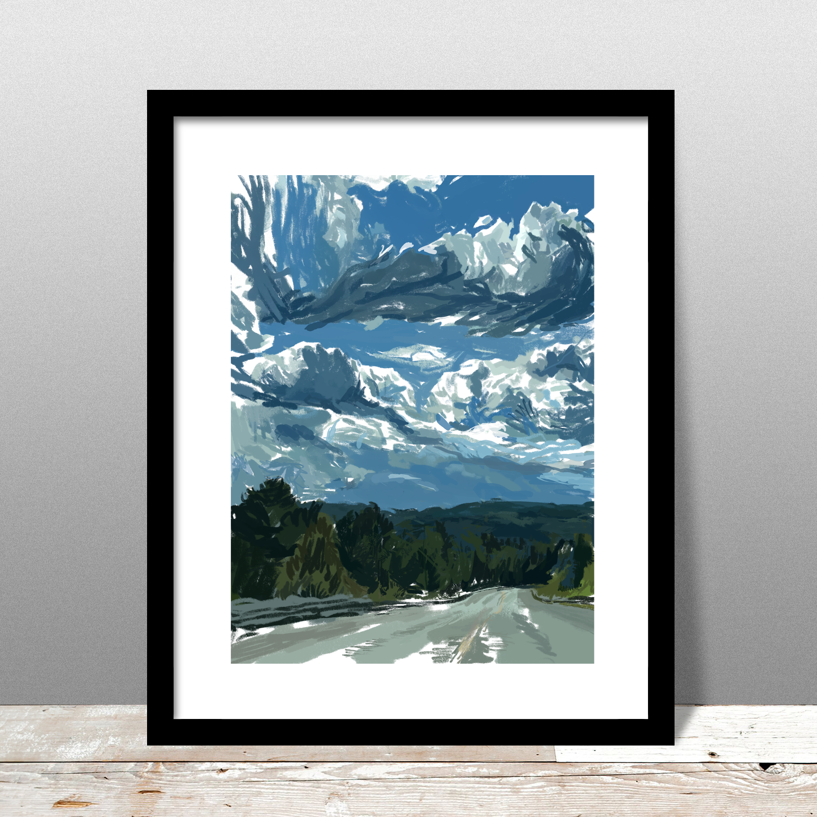 Expressive landscape painting of a country road winding through forested hills beneath a dramatic sky filled with layered cumulus clouds. Bold brushstrokes capture the shifting light and movement in the clouds, with rich blues, deep greens, and textured grays creating a sense of atmosphere and motion. Ideal for nature lovers and collectors of contemporary landscape art and sky-focused wall decor.