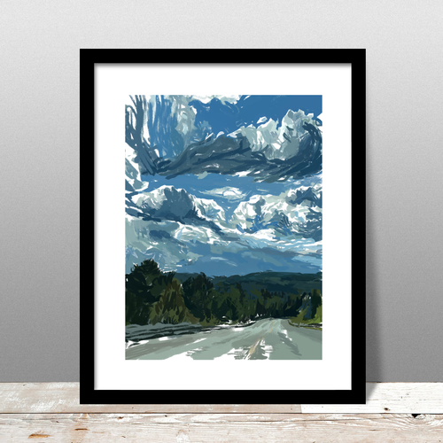 Expressive landscape painting of a country road winding through forested hills beneath a dramatic sky filled with layered cumulus clouds. Bold brushstrokes capture the shifting light and movement in the clouds, with rich blues, deep greens, and textured grays creating a sense of atmosphere and motion. Ideal for nature lovers and collectors of contemporary landscape art and sky-focused wall decor.