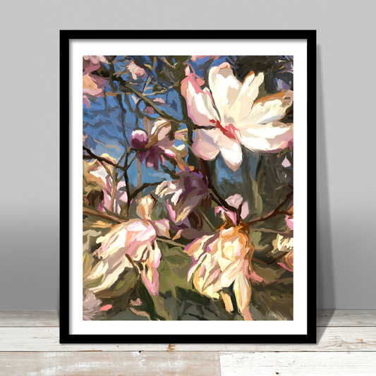 This print of Last Magnolia describes the final Magnolia blossoms of the year. Their beauty withers in the chilly first breezes of fall when the light seems clearer