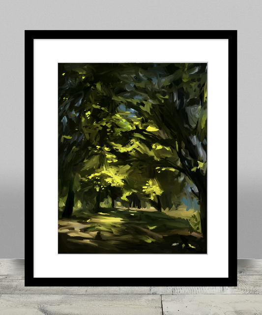 Lime Light is a print by Russell Brandwein that shows a dark tree lined road with brilliant green high lights.