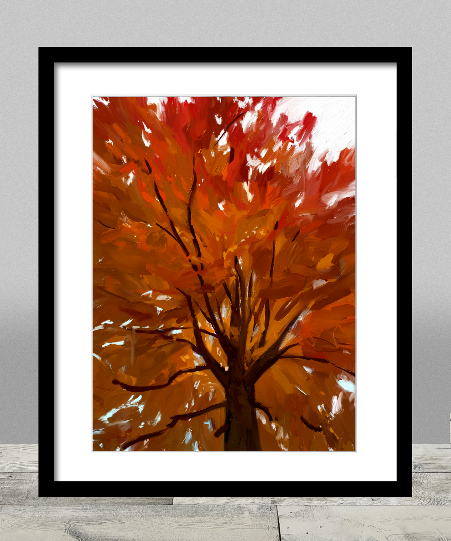 A print of Poetree, an expressionistic painting of a blazing red and orange maple tree in Autumn by Russell Brandwein.