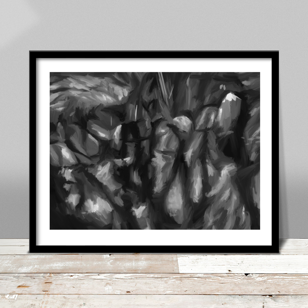 Shadows and Stones print by Russell Brandwein giving an expressionistic impression of a stone wall in a field that is covered in shadow play.