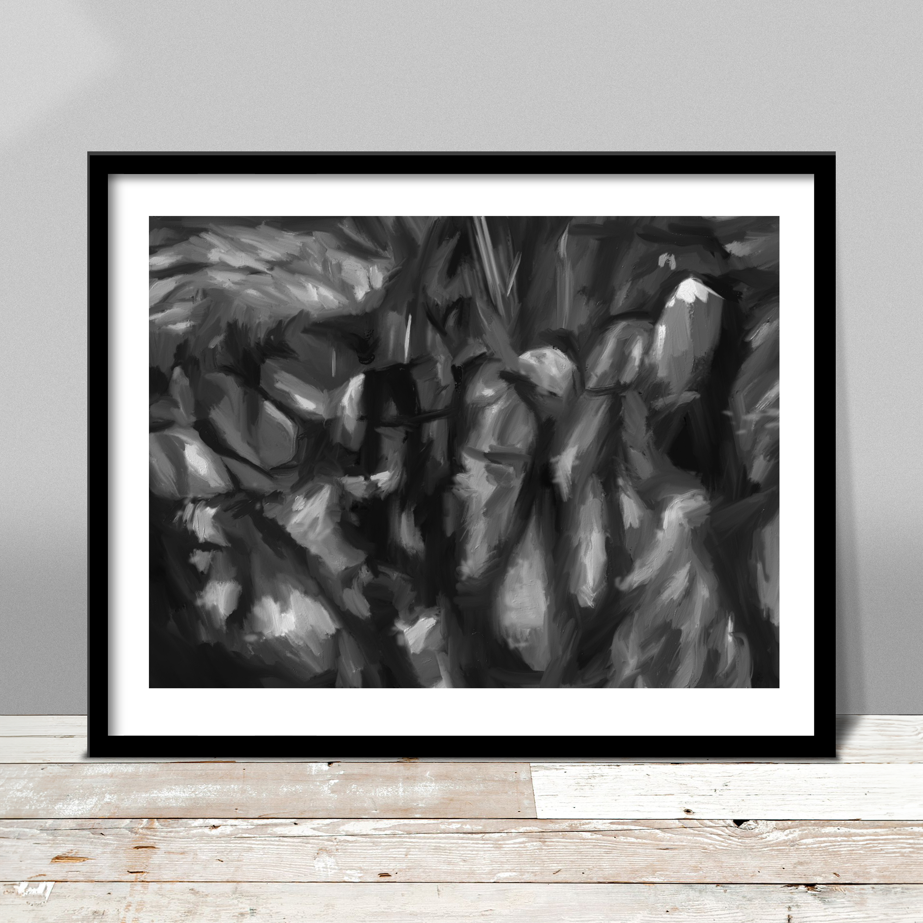 Shadows and Stones print by Russell Brandwein giving an expressionistic impression of a stone wall in a field that is covered in shadow play.
