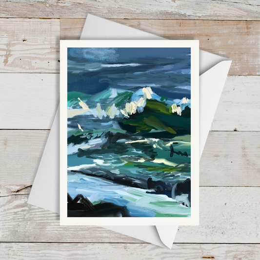 This notecard set is based on the painting, The Wave by Russell Brandwein. It shows the waves crashing the surf in Maine off the Pemaquid lighthouse.